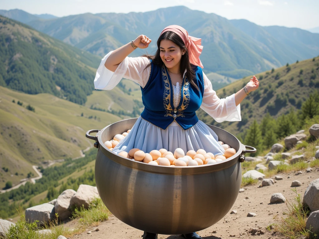 High resolution photo, in the photo a hot Hindu woman, happy face, she has a big nose, long black hair, a curvy figure, a headscarf on her head, dressed in a white transparent shirt with loose sleeves, on top of which she wears a blue velour vest with ethnic gold embroidery, a light blue dress with a high slit to the buttocks, from under which a thick overgrown pubis is visible.

She dances in a giant saucepan filled with Azerbaijani chikhirtma is a traditional dish, which is a thick soup or stew prepared on the basis of chicken meat and eggs

in the background Azerbaijani landscapes