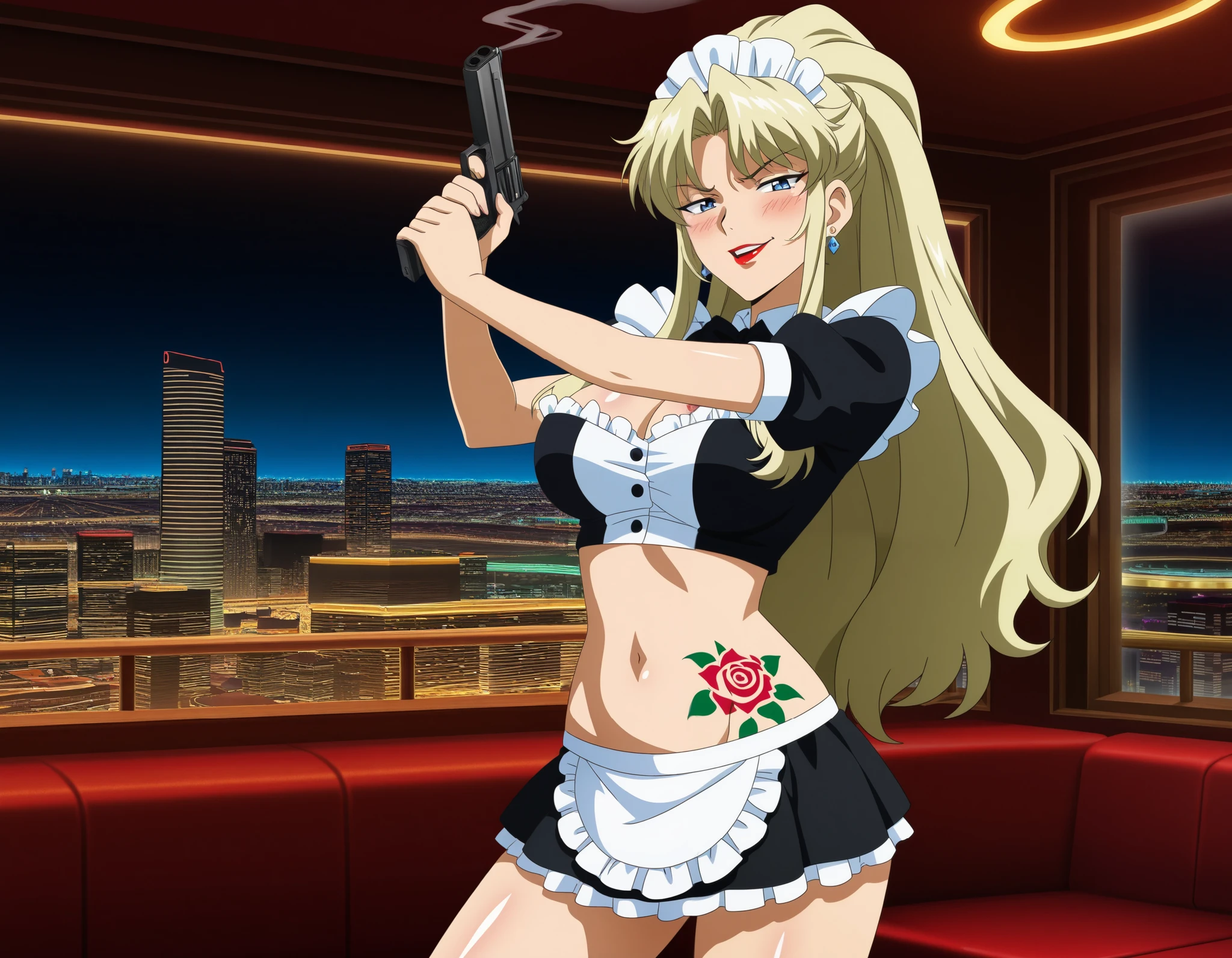 Balalaika 1girl,solo,long hair,blue eyes,blonde hair,sidelocks, smirk, red lips, large breasts, bad attitude, mean girl, ear piercing, long hair, blush, lipstick,Hot girl, baddie, smoking, sensual, attractive ,  cityscape, nightclub,  city lights, jewelry, earrings, complex detailed background, casino environment, fancy interior environment, rich
interior, masterpiece, best quality, highly detailed, a anime girl in maid uniforms, holding pistol, maid
outfit, cleavage, evil smile, smile, open mouth ,ecchi anime style, anime girls, ecchi style, ecchi, digital
anime art!!, in anime style, official artwork, (nsfw) not safe for work, beautiful anime maid girl, anime
style 4 k, micro skirt, exposed belly, exposed navel, exposed midriff, exposed lower belly, holding a gun,, tattoo on body, rose tattoo, dragon tattoo, shiny skin, open arms sideway, arms T-pose, smirk, standing, anime girl T posing, 