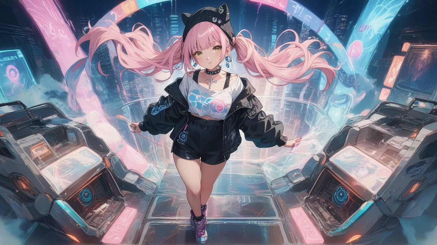 high resolution, Best Quality, Masterpiece, very high image quality, ultra detailed, Hyper realistic, 3D, cheered up, illustrations, Fancy, hard rock girl, very beautiful cute, pink wavy fur, side braid, mini skirt, socks, engineer boots, cyber punk city galaxy background