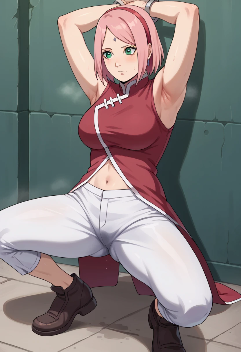 score_9, score_8_アップ, score_7_アップ,,nsfw,haruno sakura,sakura,green eyes ,pink hair, short hair,, red sleeveless dress, navel, large breasts, white pants,In a dimly lit alley ,Armpit,Armpit wrinkles,Armpit smell,Armpit juice,Arms up,Stretch,pubic hair,under hair,squat down, 