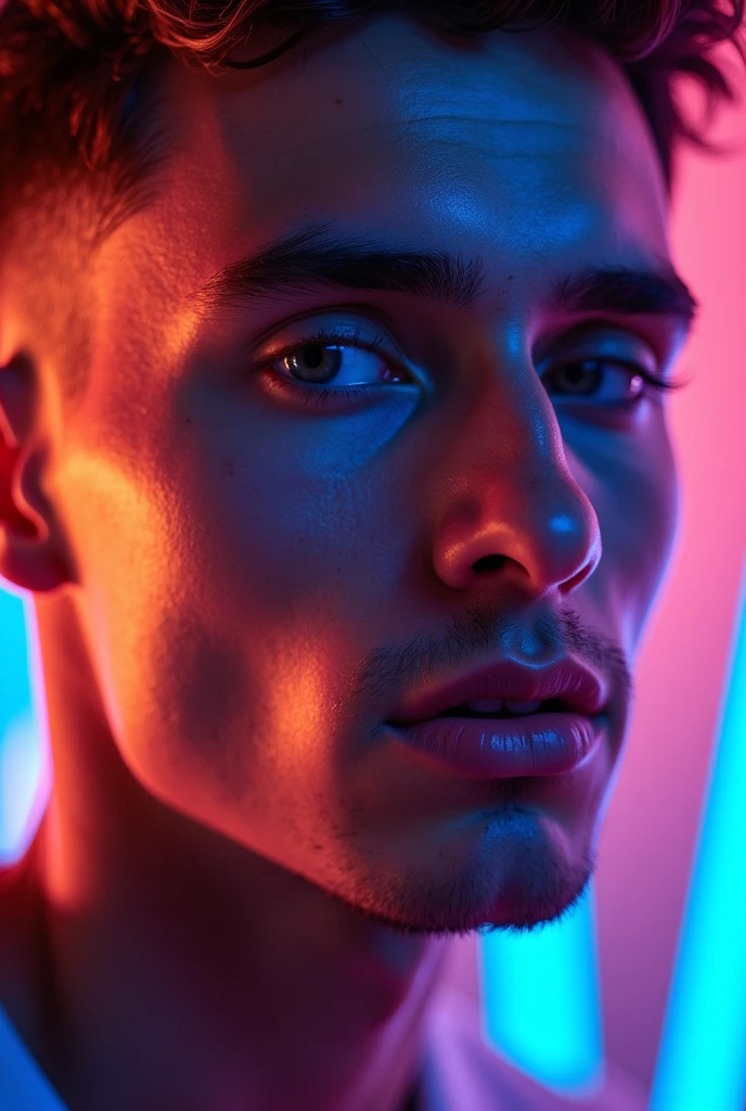 A man, 2, handsome and athletic, DARK hair, White skin, blue eyes, Behind him you can see the lights of a nightclub, photo the 