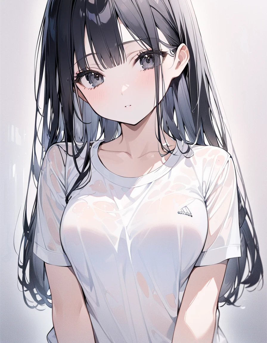 masterpiece, high quality,1girl,black long hair,White semi-transparent shirt, (bandaids_on_nipples, areola_slip, bandaid),small breasts,upper body
