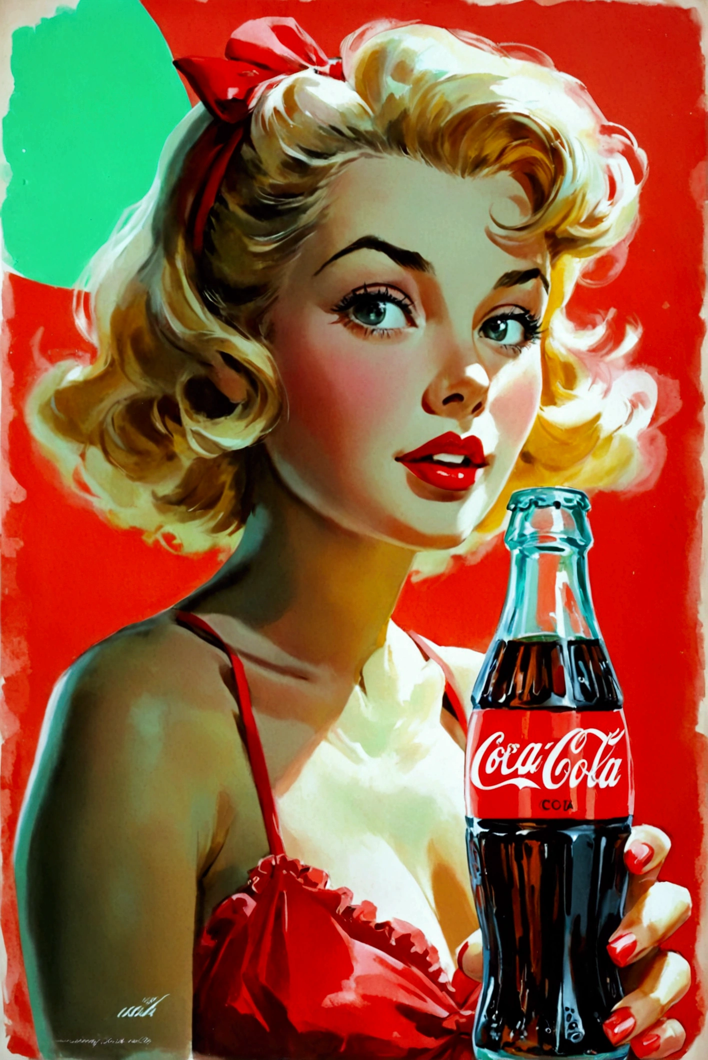 coca cola advert real magic as always five cents, inspired by Dorothy Coke, coka-cola advertisement, drinking a bottle of coca-cola, soda themed girl, inspired by Evaline Ness, retro poster, retro ad, film noir realistic, in style of digital illustration, promotional poster, inspired by Rolf Armstrong, in style of campbell addy, in style of digital art