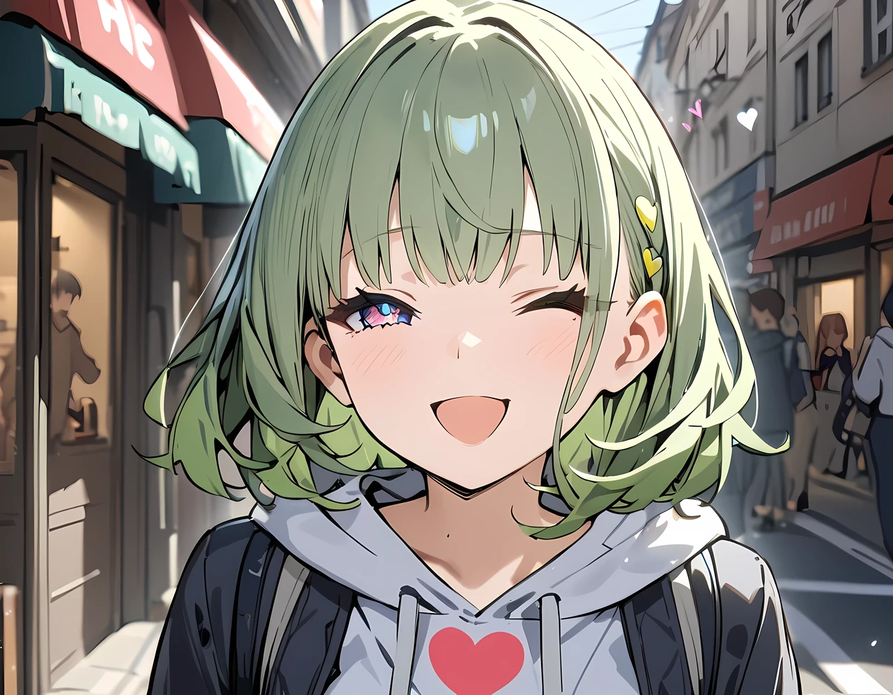 (((Best quality, 8k, Masterpiece: 1.3)), ((best quality)), ((masterpiece)), (detailed), perfect face, (detailed skin:1.3), (intricate details), Detailed eyes, green hair, medium hair, teenager, street, wink, happy, Heart symbol