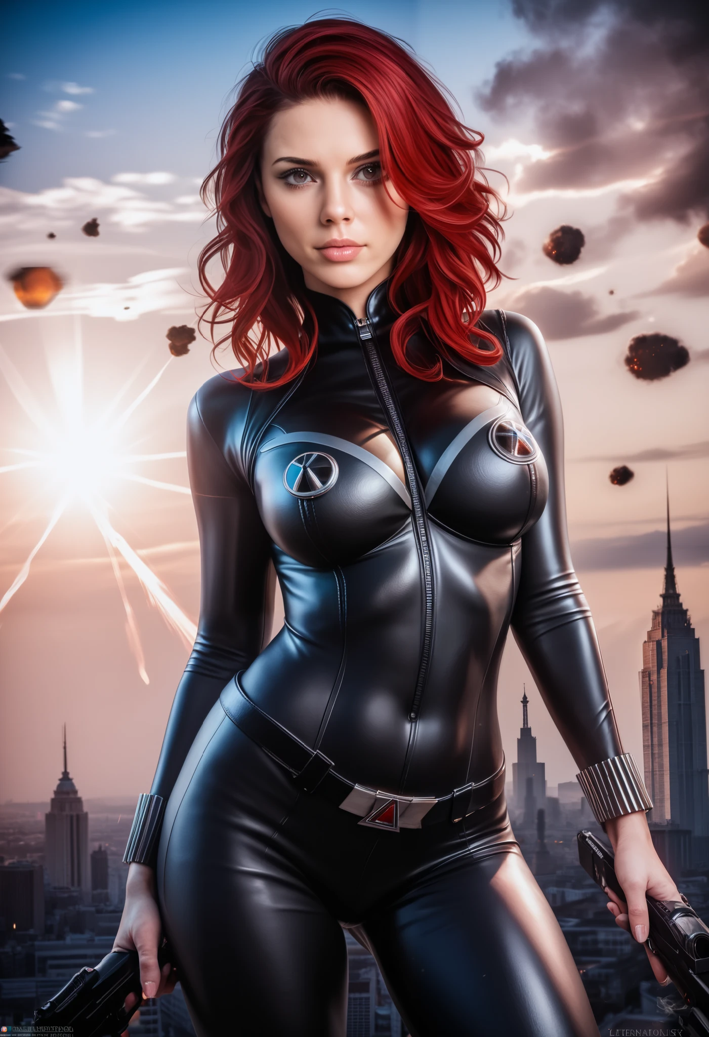 (best quality,4k,8k,highres,masterpiece:1.2),ultra-detailed,(realistic,photorealistic,photo-realistic:1.37),black widow,sexy,dangerous,beautiful detailed eyes,beautiful detailed lips,longeyelashes,bold and intense gaze,curvaceous figure,skin-tight black leather suit,glamorous,confident expression,fierce and powerful stance,mysterious aura,red hair flowing in the wind,Dramatic lighting,high contrast,highly saturated colors,shadows and highlights,comic-book style,action-packed scene,smoke and sparks surrounding her