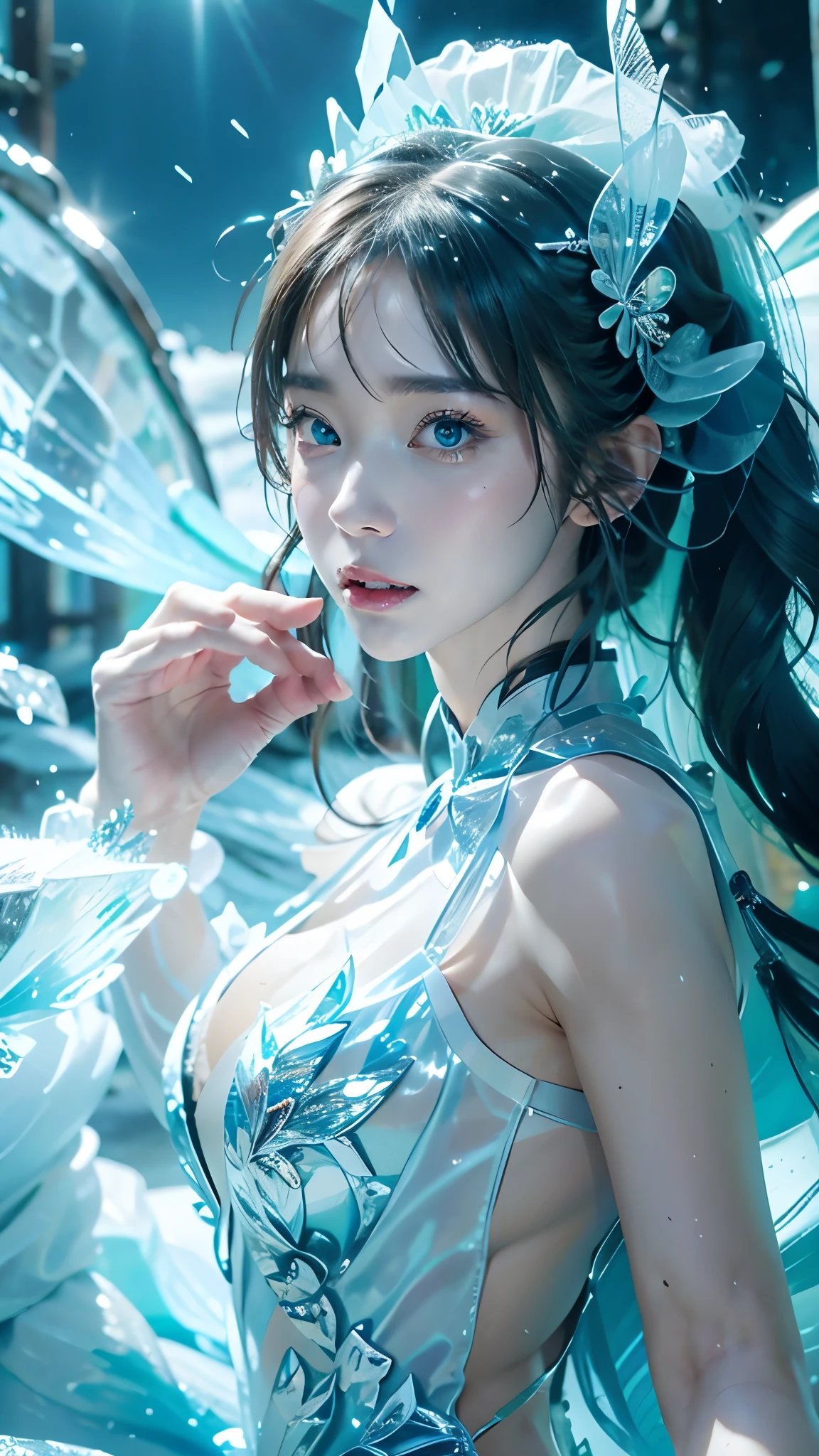 (((1 girl))),dynamic poses,(Crystal dress:1.5),(magic circle:1.2),magic circle,blue concentric circles,ice crystals,concentric circles of frost,(((icicle))),Ice mist,Ice particle effects,(Ice butterfly:1.2),Amazing results,,best quality,masterpiece,ultra high resolution,detailed,8K resolution,chiaroscuro,NVIDIA RTX