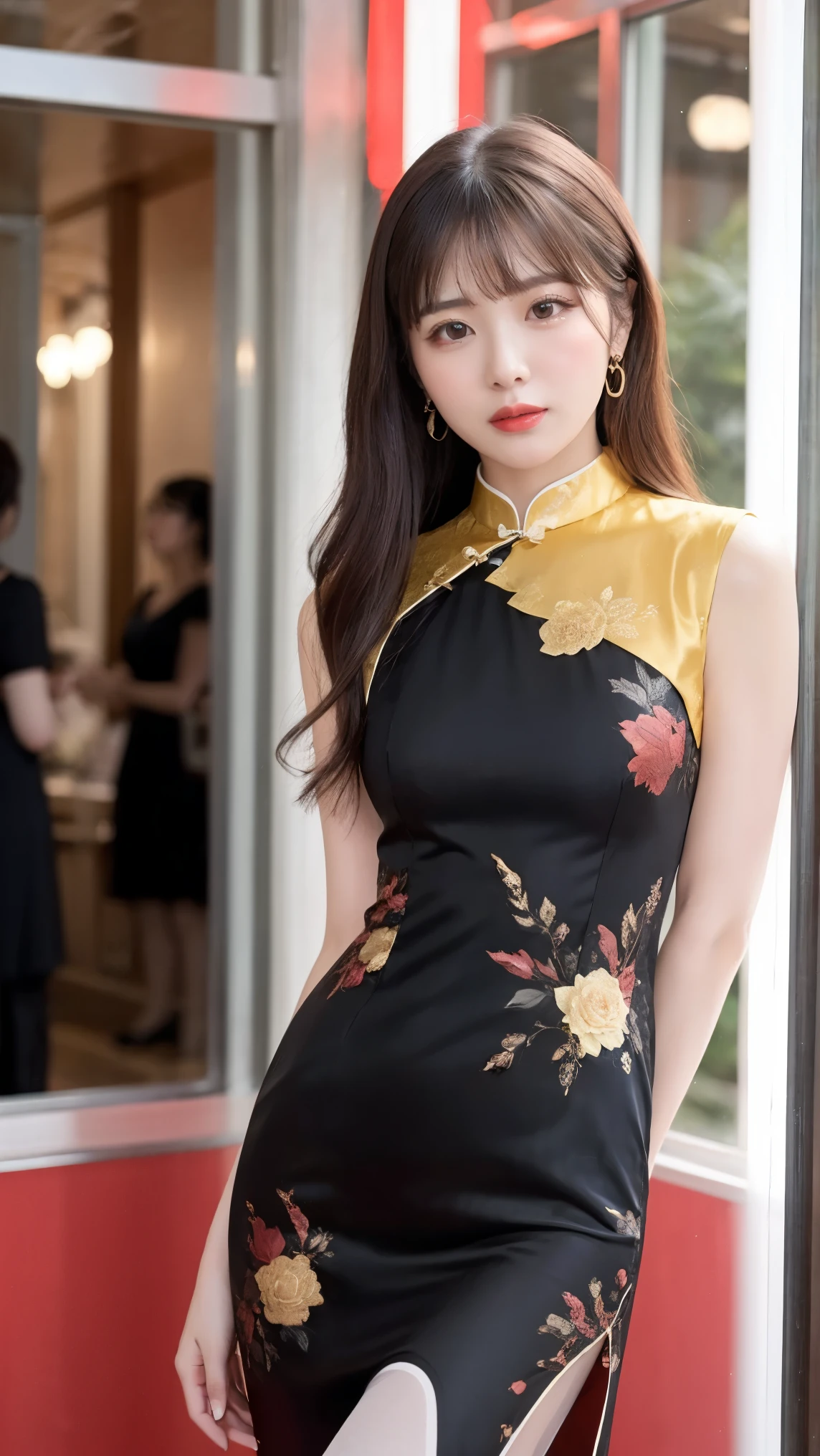  Photorealistic,  Chinese woman wearing Hanfu 、 Celebrity News Scaster 、(( Wear China Dress and Pantyhose)),  Classy China Dress 、 Sophisticated China Dress ,  long dress  , ハイスリット long dress ,  gold earrings,  red lips,  Long Silky Black Hair , Perfect Bangs,  Eye Shadow ,  Fascinating Beauty , Long Black Eye Festival ,  Black Eyeliner ,   Seductive Young Skinny Woman  、Slender beautiful woman、Sharp Eye、 cool girl、 red lipstick、 tight clothes ,  Thin and Thin Hourglass ,  Impossibly Thin Hour Glass Figure , 