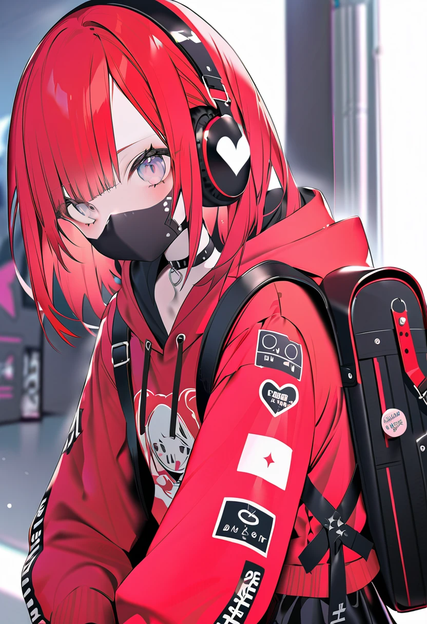 High Definition Red Hair Short Mini Skirt Heart Choker Cute Backpack Headphone Black Mask Red Black Hoodie