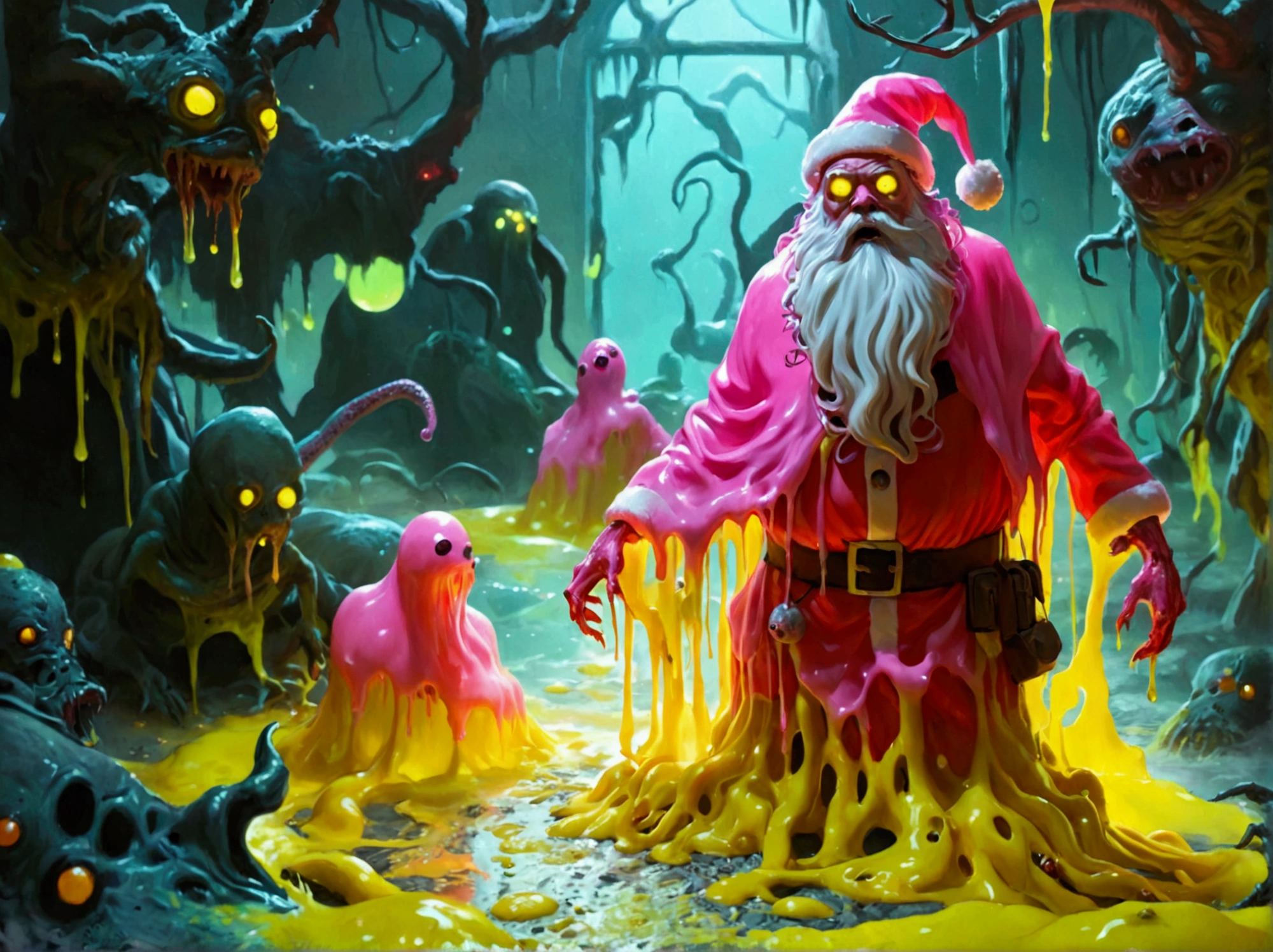    Santa Claus Zombies Close Up, Yellow Slime ,   Yellow Slime  everywhere, Neon Radioactive Swamp   ,   Pink Slime Dripping , Alien Planet ,Cosmic horror style, Ectoplasm,  Indie Video Game Horror , alternate  Album cover , Oozing,  Album cover ,    just a joke   , Slime and tentacles,  reptile slime 、 Rotten Reindeer 、chimney