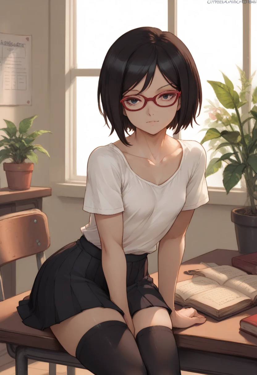 1girl, black hair, thighhighs, red-framed eyewear, sitting, glasses, book, skirt, indoors, short hair, desk, shirt, white shirt, chair, black thighhighs, short sleeves, black eyes, between legs, pleated skirt, hand between legs, zettai ryouiki, window, black skirt, solo, closed mouth, collarbone, plant, school desk, open book, small breasts, potted plant, solo focus, Sarada Uchiha (boruto), zPDXL3,  PnyCmicXLPOS, detailxl,