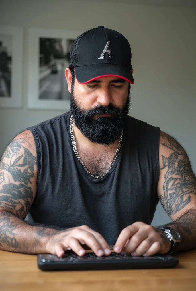  A 38-year-old man with a manly physique. He wears a black cap with a red visor and an embroidered 'A' logo .  He has a thick and well-groomed beard ,  a thick silver chain necklace ,  and a modern watch on his left wrist .  He is seated in front of a wooden table , typing on a keyboard ,  with an expression of concentration and determination .  The background shows a wall decorated with black and white pictures of urban landscapes ,  creating a professional and artistic environment .  The soft lighting highlights the details of his skin , tattoos and accessories . MEDIUM SHOT, centered on the upper body,  with a realistic and dynamic approach to his posture and environment .