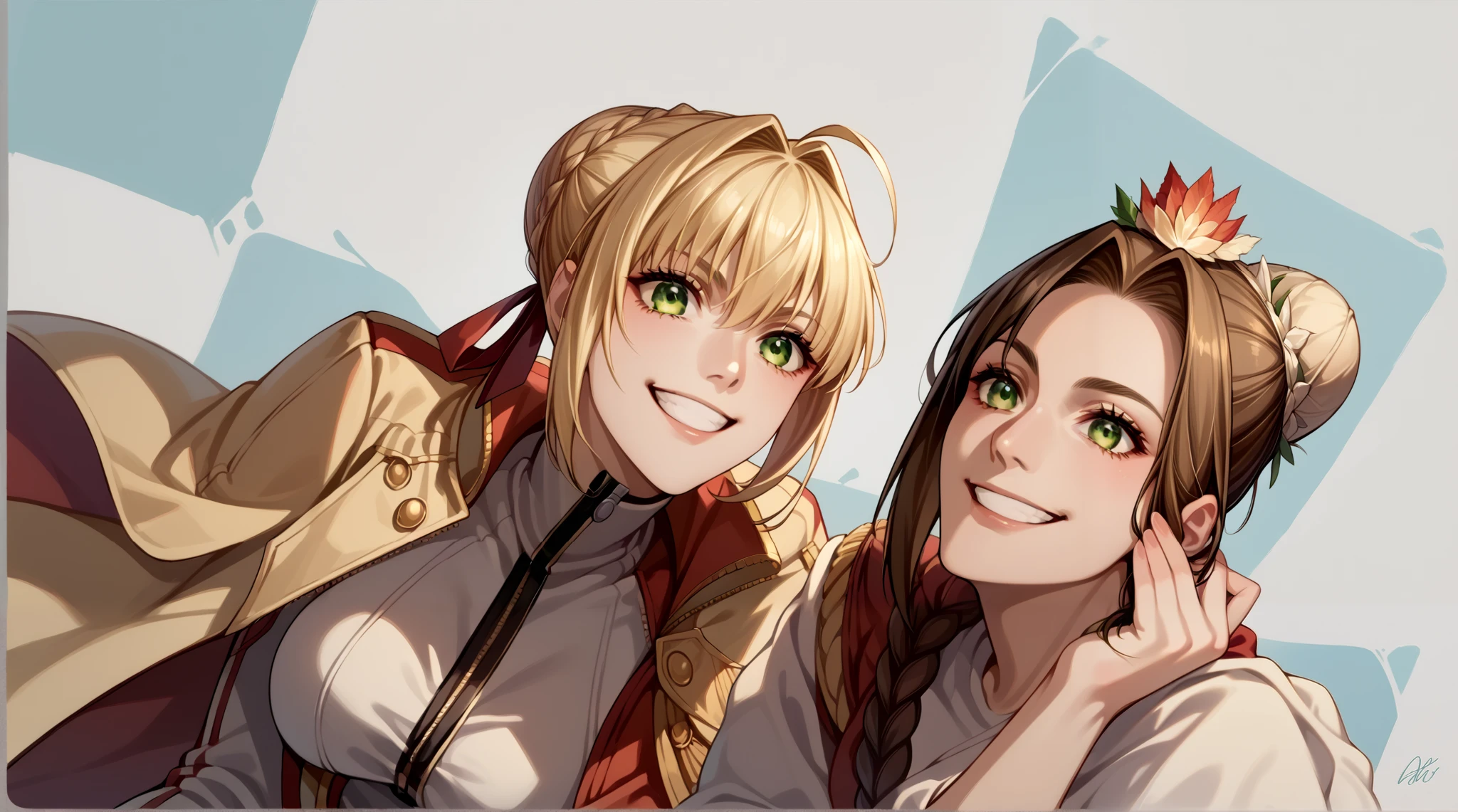 score_9, score_8_up, score_7_up, source_anime, 4K,perfect fingers,
nero, ahoge, blonde hair, green eyes, hair between eyes, hair intakes, large breasts, braid, french braid, hair bun,single hair bun,, smile,looking at viewers,