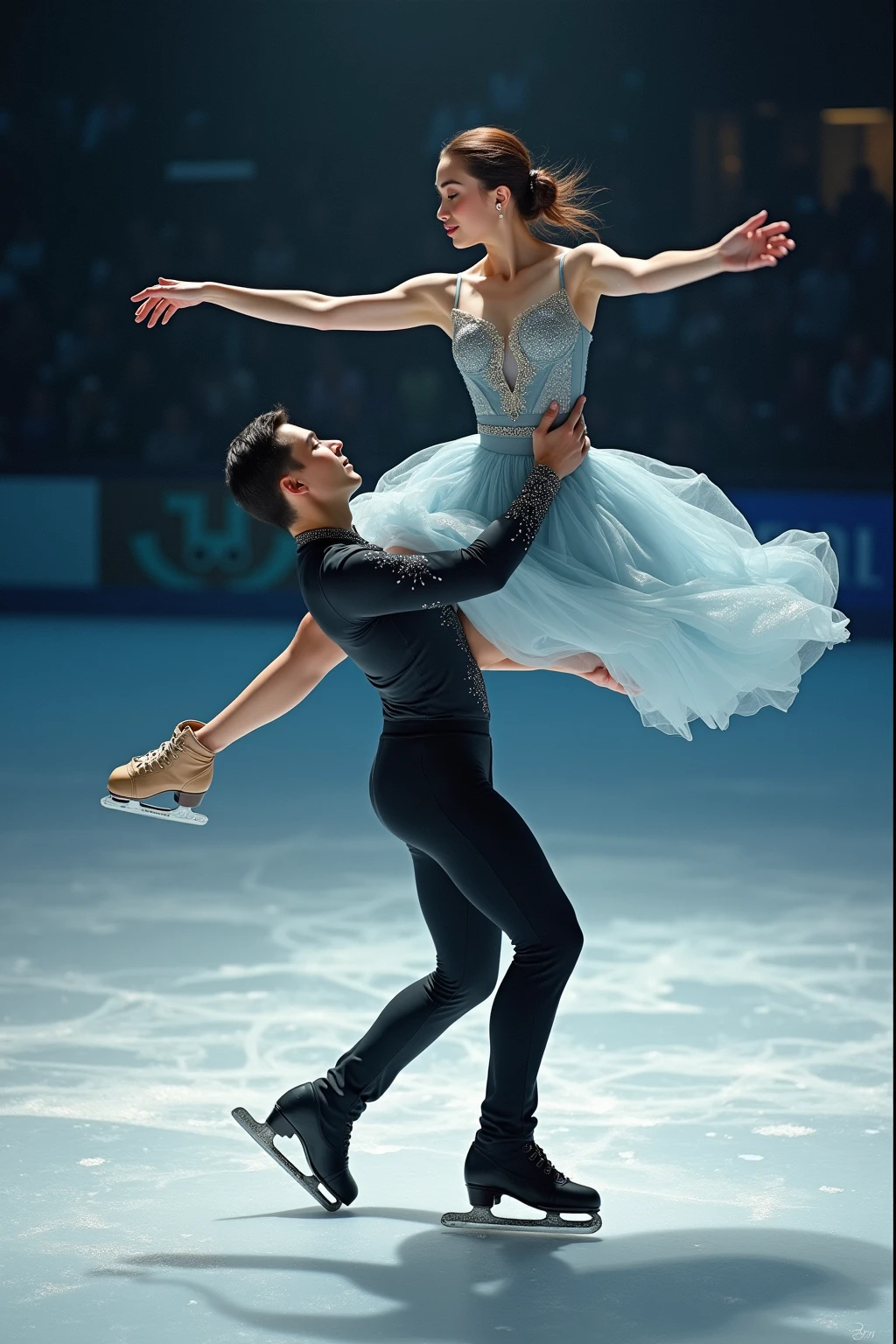 1 female、1 male、(Men are clothed:1.8)、(Russia:1.5)、world skating championship、two people dancing ice dance、(Just the two of us on the ice:1.3)、(super beautiful)、(beautiful face:1.5)、detailed face、barefoot、purple costume、(white panties)、(anatomically correct movements)、(At SFW)