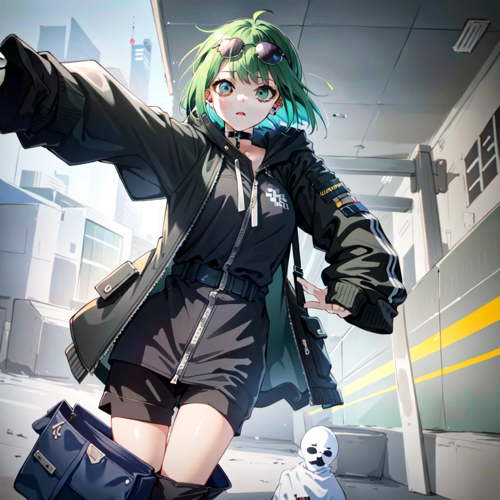 tmasterpiece,Best picture quality,Graffiti girl(scribbles: 1.5),paint splatter,against a wall,Tilt your head and smile,whaite hair,Green eyes,Earphone,(Green and black tones:3),Functional trench coat,Trendy outfits。