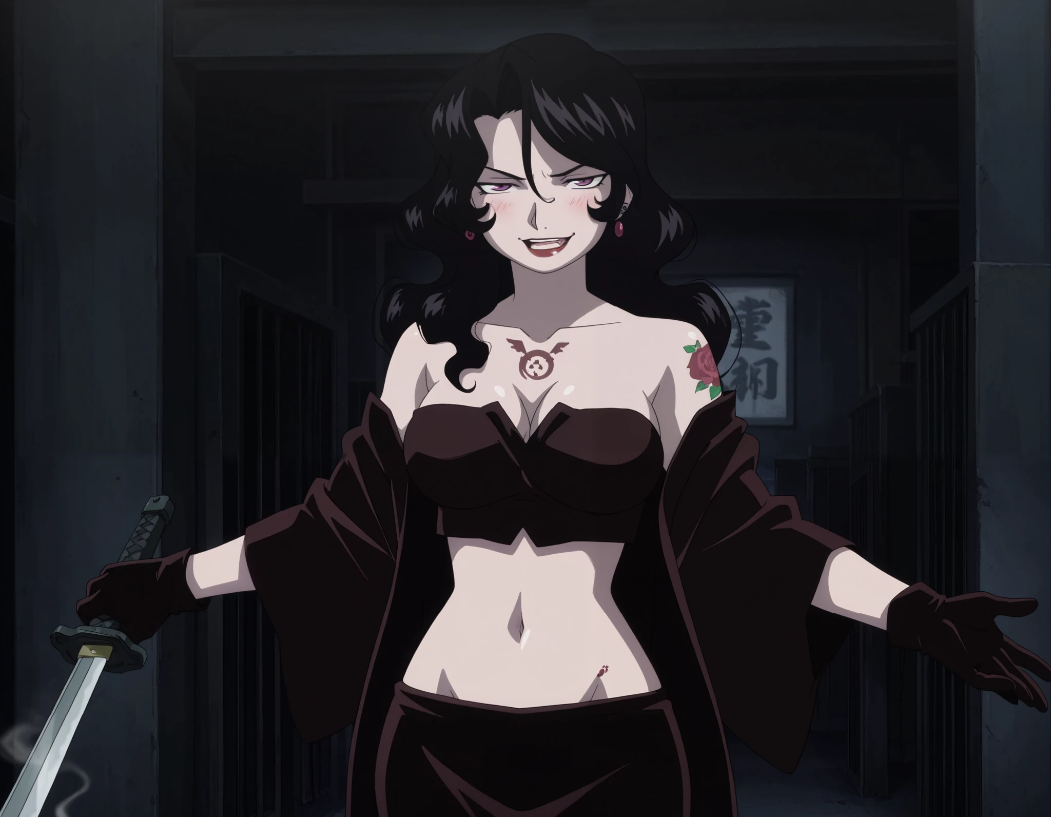Lust, 1girl, solo, big breasts, chest tattoo, lips, gloves, masterpiece, best quality, highly detailed, a anime girls in kimono dress with a sword posing for a
picture, bare shoulder,open kimono, evil smile, open mouth, crop top , (nsfw) not safe for work, smile,
ecchi anime style, anime girls, ecchi style, ecchi, digital anime art!!, in anime style, official artwork, visual
novel cg, beautiful anime girl, anime style 4 k, kimono pencil skirt, exposed belly, exposed navel,
exposed midriff, exposed lower belly, outdoor, japanese architecture, temple