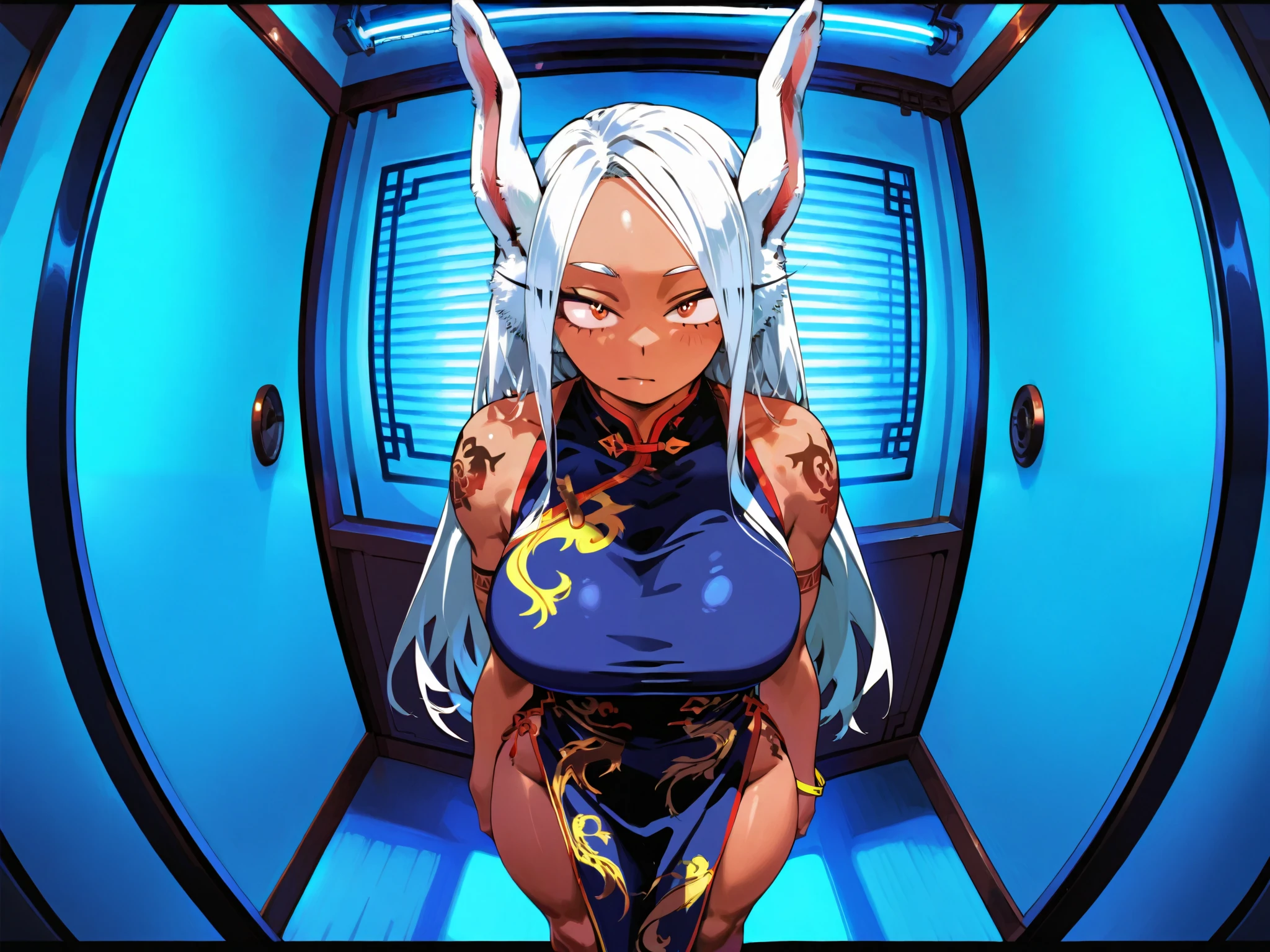 1girl, wearing a chinese dress, artstyle of eatsleep111, slender body. huge breasts, Mirko (my hero academia), standing in a room, tattoos, neon lighting, fisheye perspective, cinematic 
