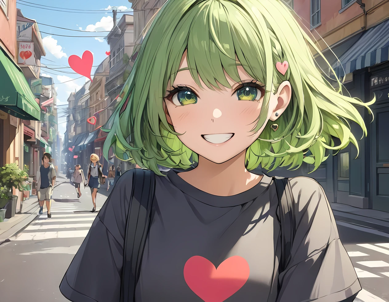 (((Best quality, 8k, Masterpiece: 1.3)), ((best quality)), ((masterpiece)), (detailed), perfect face, (detailed skin:1.3), (intricate details), Detailed eyes, green hair, medium hair, teenager, street, wink, happy, Heart symbol, casual clothing