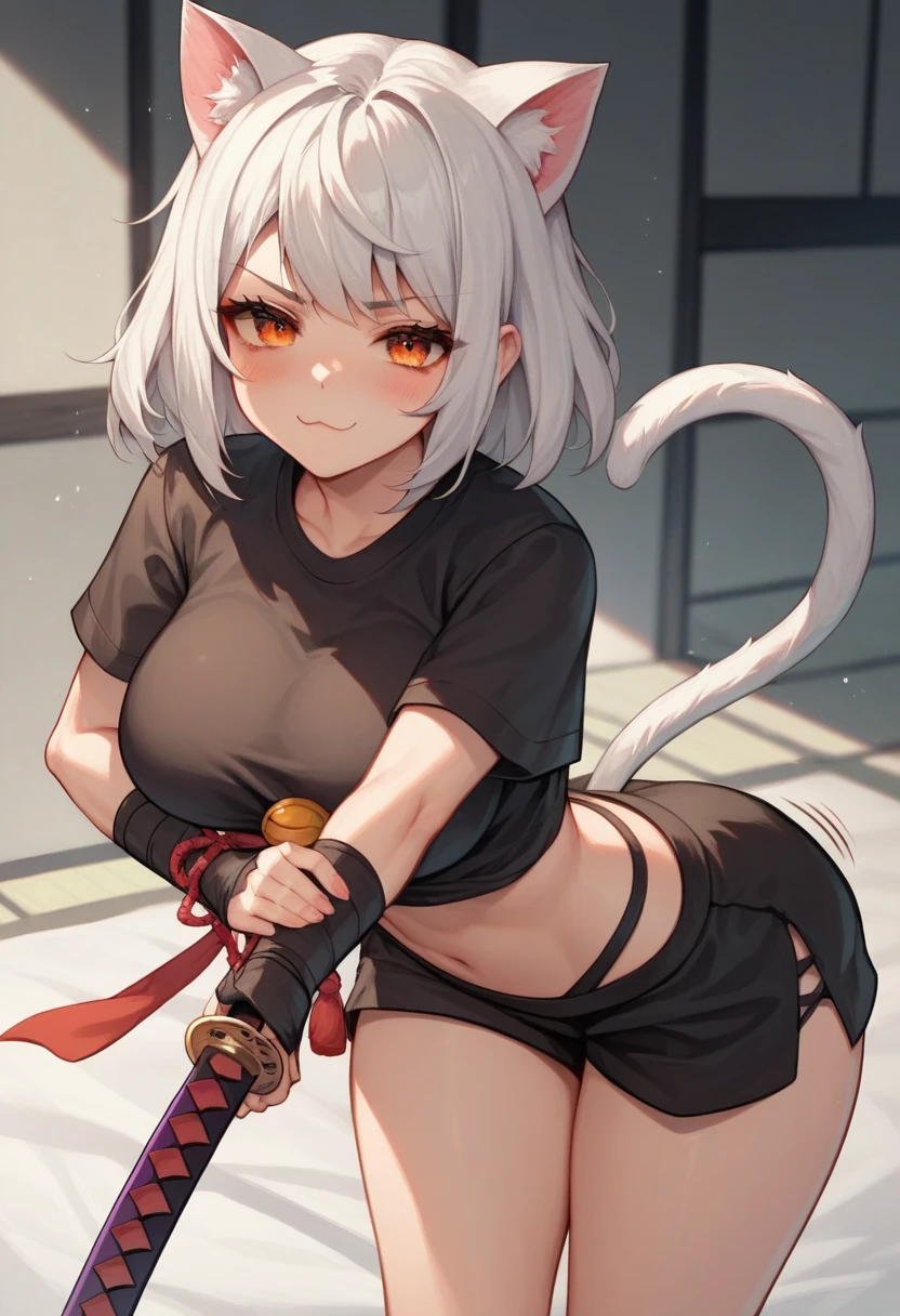 1 Girl, Solitary, White hair, Double tail, Cat ears, blush, open mouth, Umbilical cord, nipple, Salahi, (Kneel down: 1.3), , (Chai Li), boundary, (Back of hand: 1.4), rope, Bound Weapons,masterpiece