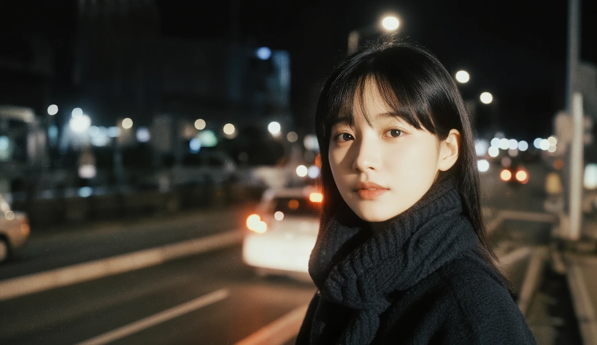 8k, masterpiece, (((pixel-perfect, detail-perfect, photo-perfect))), (solo:1.4), 1girl, smile, 8k, outside, christmas, christmas, night, standing, black hair, coat, realistic, city, dutch angle, japanese woman, 35 years old, scarf,portrait