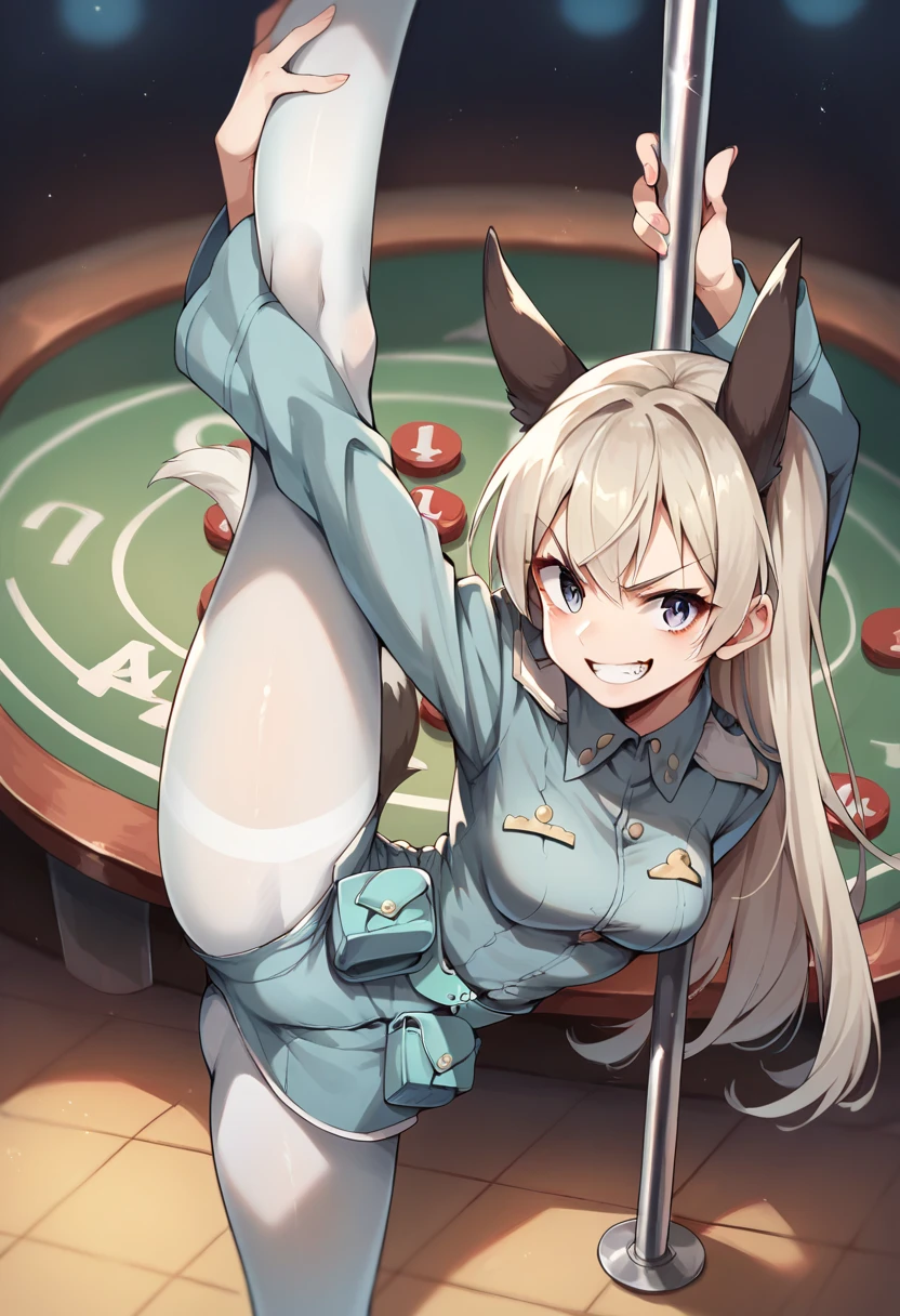 ctianelia,
light blue uniform, cyan belt pouch, white pantyhose,
fox ears, fox tail, fox girl, 
Casino , pole dance , standing split , from above , evil grin