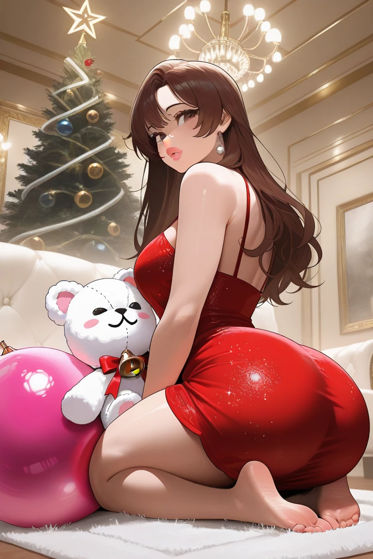  Dominican woman with Latina roots,  brown hair ,  hazel eyes , very thick lips , In red & black lace pajama dress, Christmas tree,  with pastel pink balls and lots of gold decoration,  shiny ground in white,  long hair, She knocks a ball on ,  from the site,  chandelier with diamonds ,  white plush carpet , white sofa , ,  big butt 