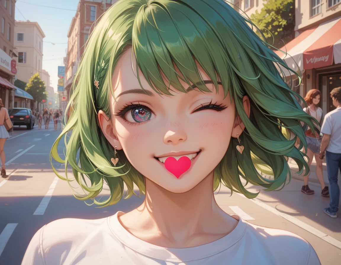 (((Best quality, 8k, Masterpiece: 1.3)), ((best quality)), ((masterpiece)), (detailed), perfect face, (detailed skin:1.3), (intricate details), Detailed eyes, green hair, medium hair, teenager, street, wink, happy, Heart symbol, casual clothing