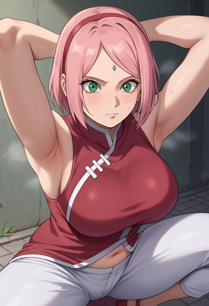 score_9, score_8_アップ, score_7_アップ,,nsfw,haruno sakura,sakura,green eyes ,pink hair, short hair,, red sleeveless dress, navel, large breasts, white pants,In a dimly lit alley ,Armpit,Armpit wrinkles,Armpit smell,Armpit juice,Arms up,Stretch,(excess pubic hair,under hair),squat down, 