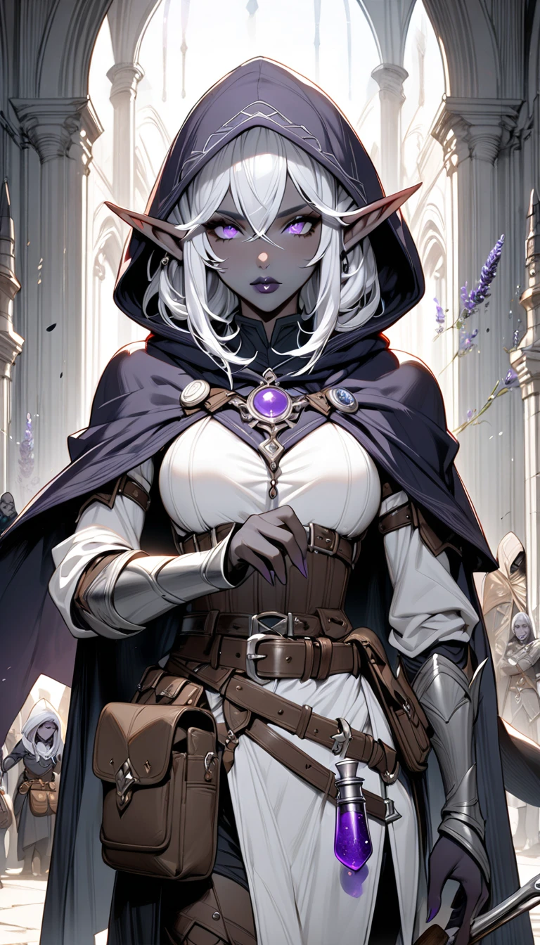 Drow,  Pointed ears, Solitary, Elf, hood, Skin of color, looking at the audience, Long silver hair, cloak, dark Elf, hood up, cape, hooded cloak, belt, pouch, Lavender-colored eyes, Gray skin, arms, Lips, armor, Black/White Badge, potion belt, smith tools on belt,((masterpiece, best quality))