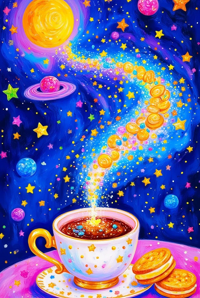  starr teacup with cookies and cookies on the table, Coffee and star background,  cosmic color 缤纷, galaxy, The Holy Grail of Understanding, In the Universe,  cosmic color , floating In the Universe nebula,  swirl water universe , mysterious scene, galaxy inside, Space Color, galaxy colored,  Milky Way , Floating in a cosmic nebula ,  Milky Way  dmt entity