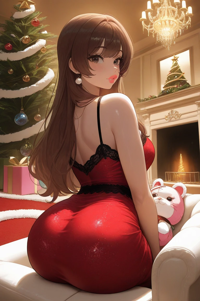  Dominican woman with Latina roots,  brown hair ,  hazel eyes , very thick lips , In red & black lace pajama dress, Christmas tree,  with pastel pink balls and lots of gold decoration,  shiny ground in white,  long hair, She knocks a ball on ,  from the site,  chandelier with diamonds ,  white plush carpet , white sofa , ,  big butt 