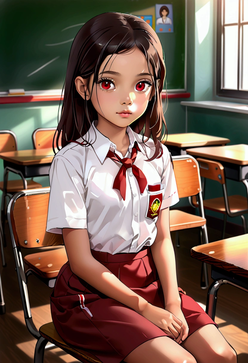 (masterpiece), best quality, expressive eyes, perfect face. 
(((Indonesian girl))) babyface ((nine years old)) (elementary school girl), (white shirt red skirt uniform), ((budding small breasts nobra)) (open shirt). (skirt on her knee) . ((Open clothes))  (in classroom, wooden desks wooden chairs) 