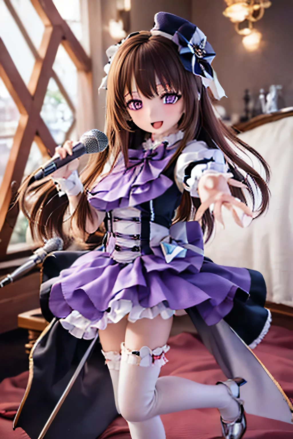 (SFW:2), photorealistic, realistic photo, 8k, Canon EOS, ((highest quality)), ((masterpiece)), (extremely detailed), dd, doll, idol dress, (mature woman, 21yo, 21 years old, solo, show stage:1.6), (from front, acrobatic pose, holding microphone, slim, skinny, slender, hat, brown hair, long hair, bow, long puff sleeves, white thigh highs, smile, open mouth, purple eyes, glass eyes, shining eyes, looking at viewer, detailed face:1.3)