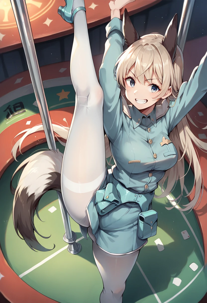 ctianelia,
light blue uniform, cyan belt pouch, white pantyhose,
fox ears, fox tail, fox girl, 
Casino , pole dance , standing split , from above , grin