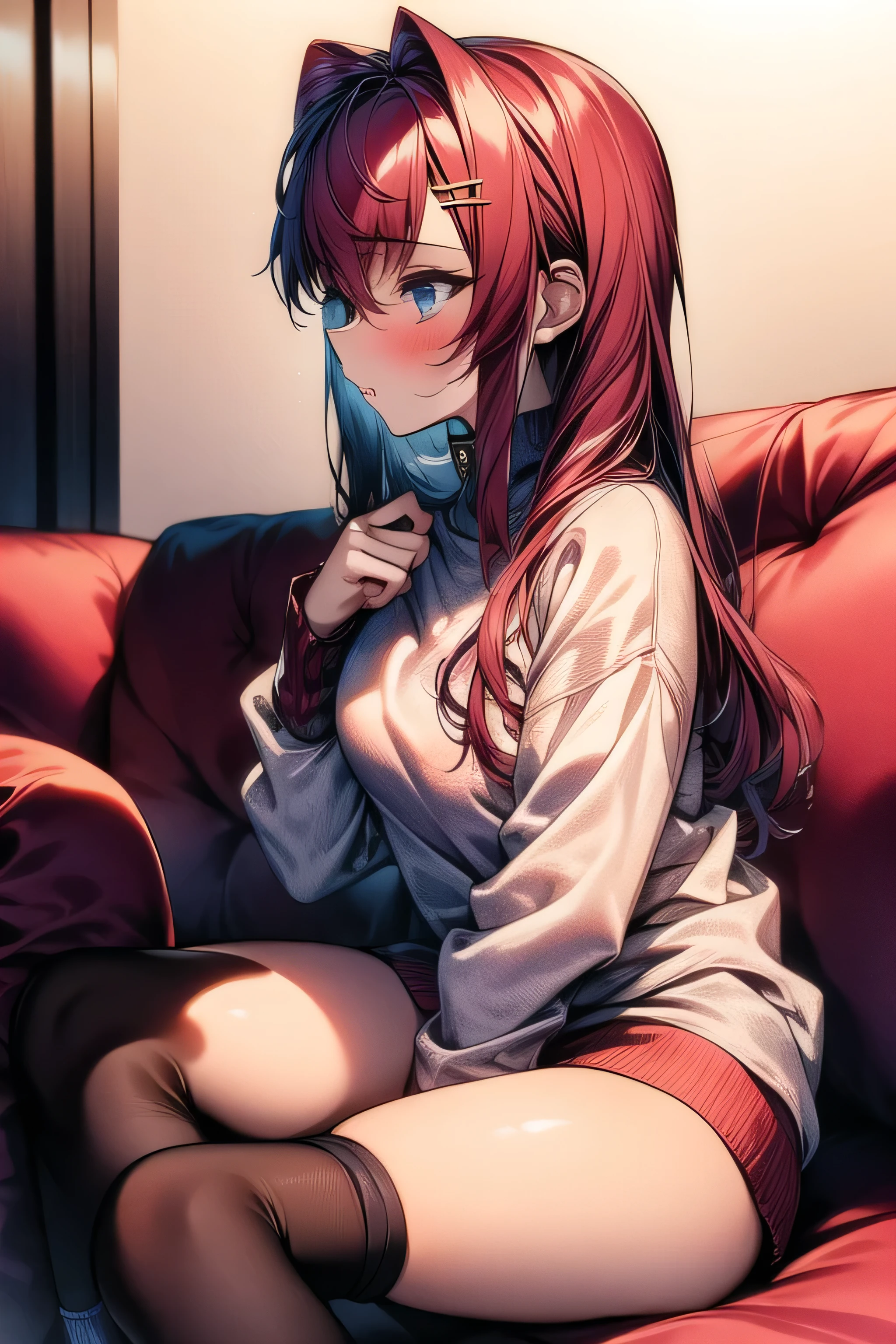 masterpiece, 1 girl, 18 years old, Alone ,Melancholy profile , miniskirt, Winter clothes, Loungewear, Fluffy,   lean forward ,  long socks, Sitting beside me on the couch, 