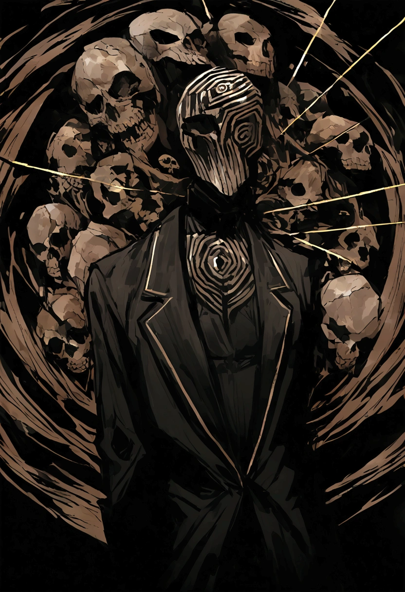 A tall, dark-skinned man dressed in black with a skull head and a single