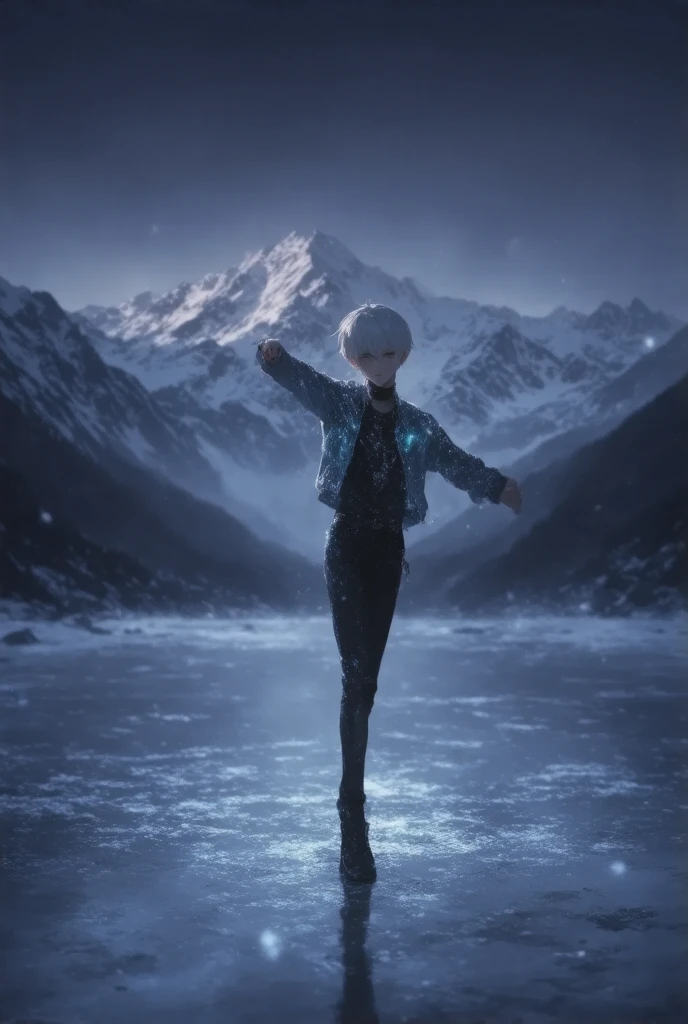 boy, 1dancer is doing on ice floor, snow falls, fantasy theme, snow mountain background, dynamic pose, ultra detailded illustration, kawaii anime,