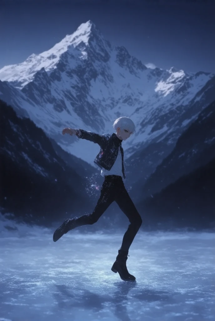 boy, 1dancer is doing on ice floor, snow falls, fantasy theme, snow mountain background, dynamic pose, ultra detailded illustration, kawaii anime,