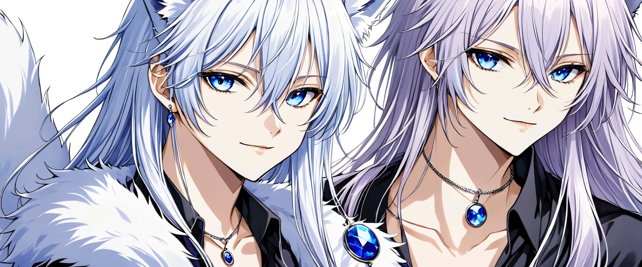 between and 20 year olith long straight hair, ear, white fox tail and fur 、The right eye has blue eyes 、Left eye is purple, Neutral、 with an attractive smile 、 black necklace with a 5cm transparent blue round crystal pendant、 sexy look , con copos ❄ al estilo anime