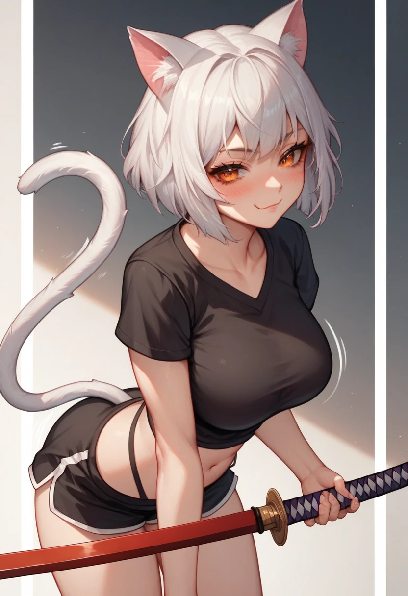 (score_9,score_8_consolation,score_7_consolation),1 woman,cat girl,white hair,pink eyes eyes,cat ears,cat tail ,beautiful_face,medium sized breasts, medium sized hips, attractive body, Short sleeves that reveal the waist line, Short sleeves that expose the stomach, exposed thighs, short pants, -yeld gi deep blush, 살짝 웃는 face,leash tied with chain, exposed pussy, exposed chest, exposed nipples, milk from the nipple, wet pussy , Arms and body bound with chains, low-cut shorts, girl opens her pussy , Inside the visible pussy, 