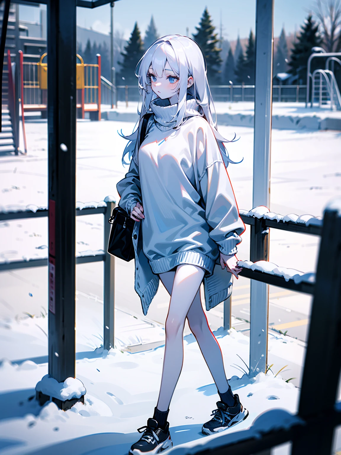 (masterpiece:1.2, best quality), 1girl, young teen, slim, white down jacket, (white panties), long hair, smile, walk the street, winter, snow, white, bright, watercolor