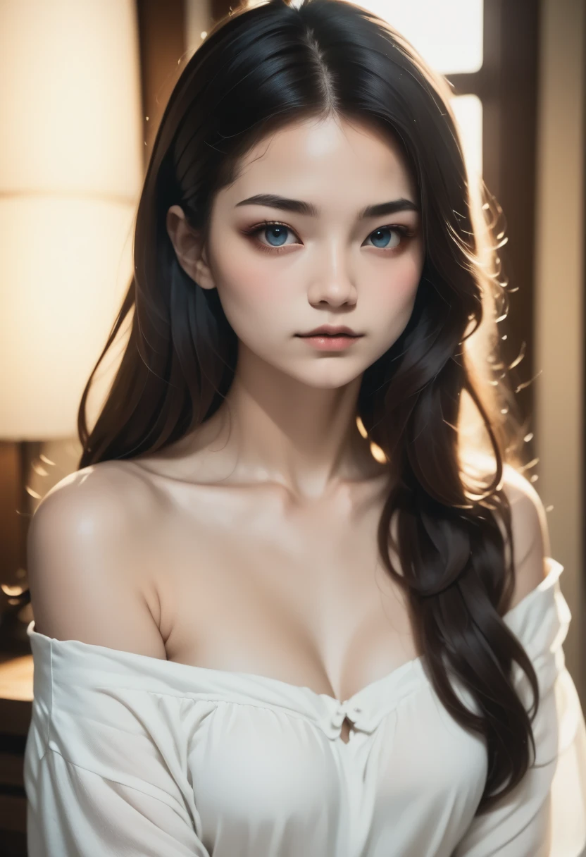 ( top quality, masterpiece:1.2,  Ultra A High Resolution,  realistic :1.5),  RAW photos , Japanese、One Japanese girl,  very cute、r、 off shoulder ,  in the dark , Deep Shadow,  Low Key Lighting, Cool tones,  seductive gaze ,  straight long hair、very beautiful long hair、,  Misty Atmosphere,  mystical atmosphere,  Subtle Highlights ,  Dramatic Contrast,   elegant poses , Intense emotions, celestial beauty, Fascinating Darkness,  seductive expression 