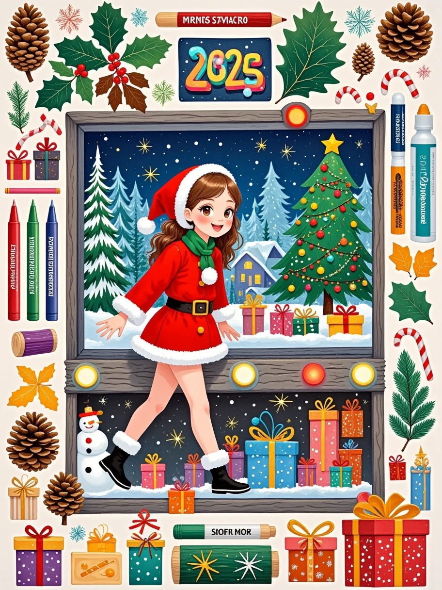 In a 3D cartoon game scene, a woman dressed in Christmas attire, with a slim figure, immerses herself in a fun filled game room, and the entire picture is full of vitality and excitement. The lights in the room are colorful, with a "2025" poster hanging on the wall, surrounded by sparkling neon light strips and Christmas tree decorations full of Christmas themes. In the center of the room, there is a large screen TV displaying a cartoon style Christmas racing game. Give people a strong e-sports atmosphere, surrounded by snacks and drinks such as potato chips, popcorn and juice, gift boxes, shopping bags, etc. This adds a relaxed and pleasant atmosphere.