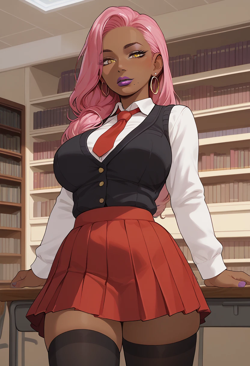 score_9, score_8_up, score_7_up, source_anime, 1girl, solo,shadowalpha, Ingrid, 1girl, mature female, dark skinned female, pink hair, long hair, hair intakes, lipstick, purple lips, makeup, yellow eyes, mole under mouth,, large breasts, library, school uniform, white shirt, black vest, black thighhighs, red skirt, red necktie, anime coloring,anime screencap, sexy pose