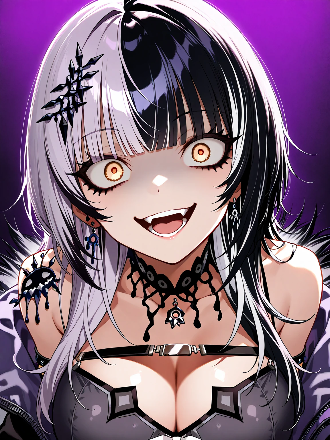 shiori novella, black hair, blunt bangs, large breasts, long hair, multicolored hair, sidelocks, split-color hair, two-tone hair, straight hair, streaked hair, yellow eyes, grey hair, evil smile, crazy eyes, open mouth,