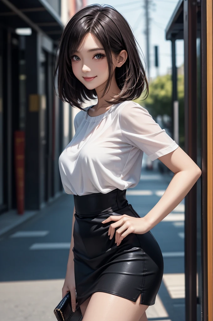 (masterpiece:1.2), high quality, high resolution, ultra detailed, 4K, 8K, beautiful, illustrative realism, dynamic lighting, A woman standing in a fashion model stance, angle from a diagonal, cowboy shot, looking at viewer, (detailed beautiful face), (detailed beautiful eyes:1.2), black eyes, narrow eyes, straight bob hair, black hair, detailed hair, asymmetrical bangs, smile, blush, medium breasts, shiny skin, u-neck white blouse, see-through, high-waist skirt, high heels, 