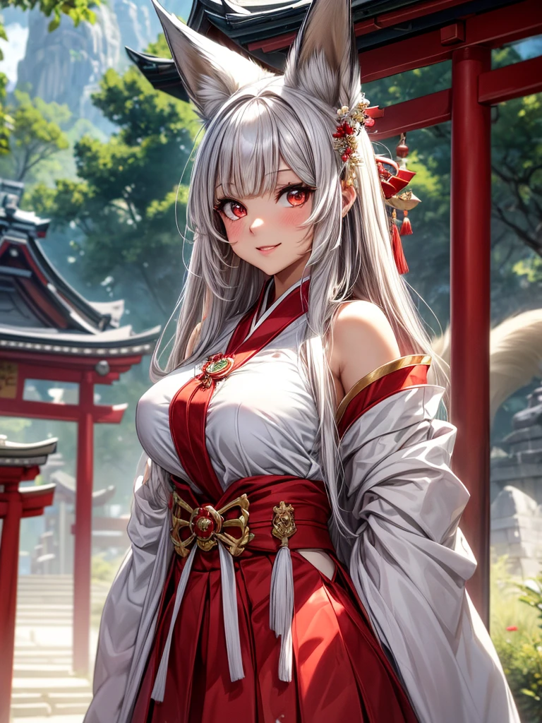 masterpiece,  top quality,(( one girl , medium sized breasts)),Narrow treeshrees,perfect dark red eyes , (( gray hair straight hair, princess cut, long hair on background,White fox ears)),((Luxurious shrine maiden costume,The gorgeous red skirt )),Pure white skin, smiling with open mouth , squinting,Clear bright daytime sky ,Shrine grounds,red Japanese style hair ornament ,I'm holding it out with one hand towards me,