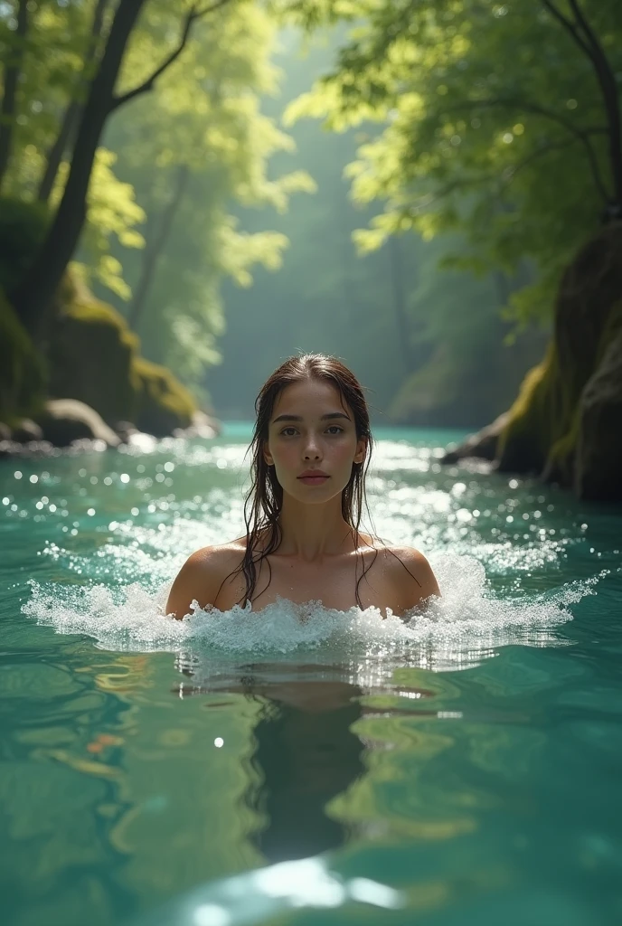 Vector art of a girl bathing in river