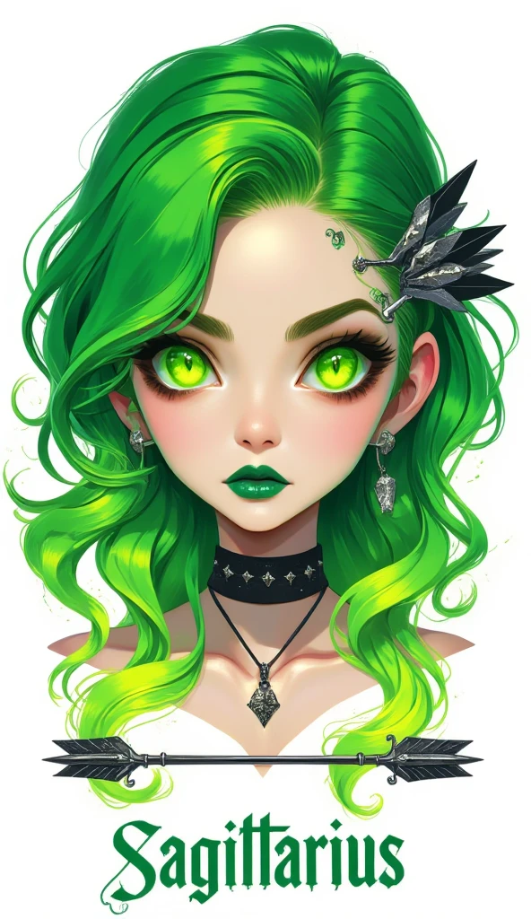 (Masterpiece, Ultra-detailed, Cinematic Quality, Stylized Illustration, Wallpaper, 8k resolution), (Portrait of a Sagittarius zodiac woman with a bold and edgy emo aesthetic:2.0), (Hair is light green with subtle yellow highlights and darker green shadows, styled in loose, soft waves that cover her left eye entirely, creating a mysterious vibe:2.0), (Her visible right eye is sharp and striking, with a piercing green hue that seems to gleam like a polished gem:2.0), (Green lipstick complements her makeup, paired with bold, dark eyeshadow that gives her an intense, rebellious look:1.8), (Eyebrow piercings: Five small silver studs arching above her right eyebrow, following its natural curve and adding to her edgy persona:1.6), (Choker necklace with silver spikes, enhancing her alternative, emo-inspired aesthetic:1.6), (Two crossed arrows positioned behind her head as a symbolic representation of Sagittarius, designed with intricate, modern metallic details:2.0), (Plain white background to ensure focus on her features and accessories:1.4), (Below the portrait, the word "Sagittarius" written in a bold, sharp font that reflects her daring personality:1.2).