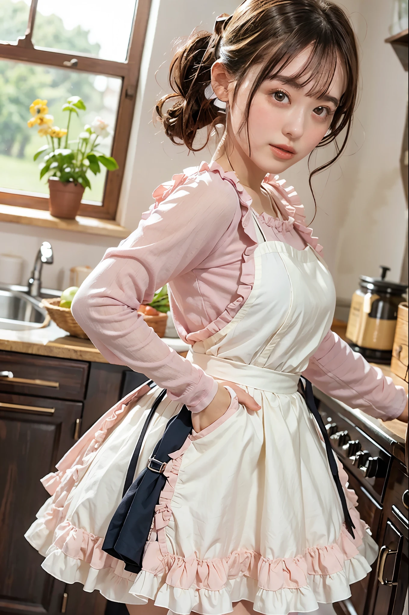 Pannier Skirt, white and pink mini-dress, apron,Fluffy mini skirt, lots of frills,kitchen