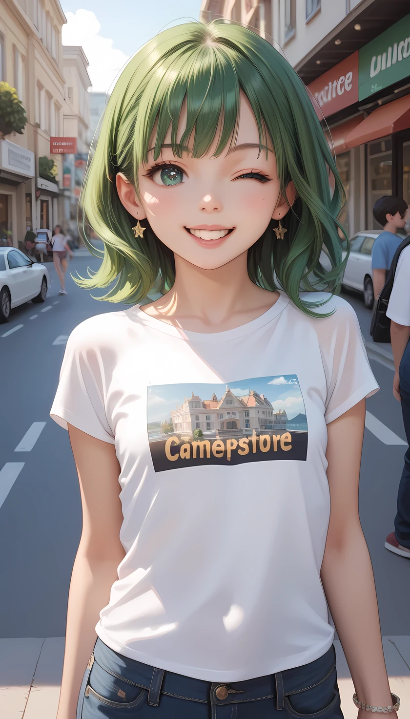 (((Best quality, 8k, Masterpiece: 1.3)), ((best quality)), ((masterpiece)), (detailed), perfect face, (detailed skin:1.3), (intricate details), Detailed eyes, green hair, medium hair, teenager, street, wink, happy, casual clothing